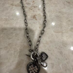 Jewel Kade Silver-Tone Double Heart Charm Necklace with Rhinestones